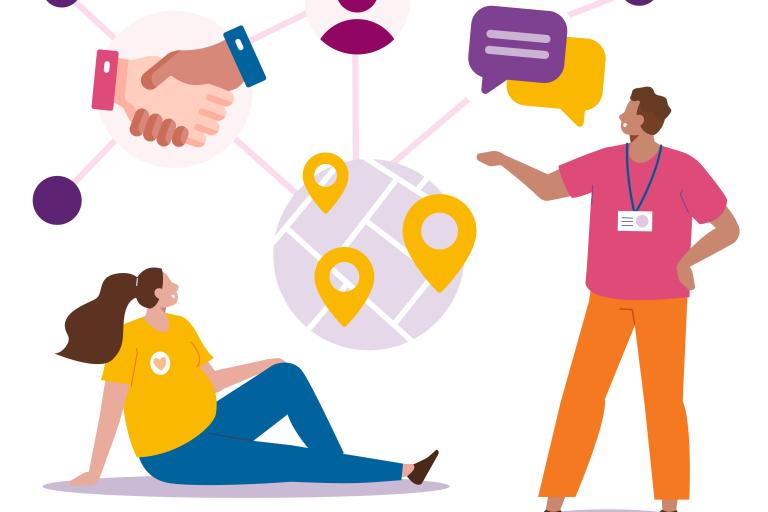 Cartoon image of man and woman looking at globe with pinpoints on it. There is also an image of a handshake and of chat boxes.